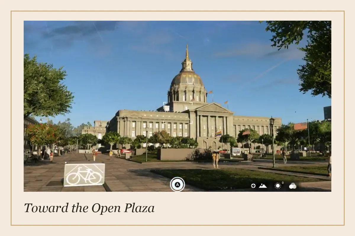 A golden dome rises above a sunlit plaza with a crosswalk, trees, public art, and a bicycle barrier.