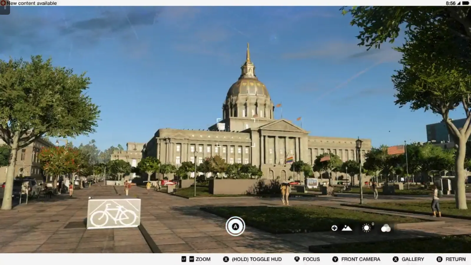 A sunlit crosswalk leads toward an open paved plaza, with trees, public art, and a glowing golden dome beyond.