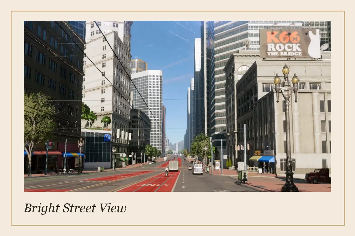 Sunlit street with tall buildings, bright graffiti, an open shop entrance, and a playful sign.