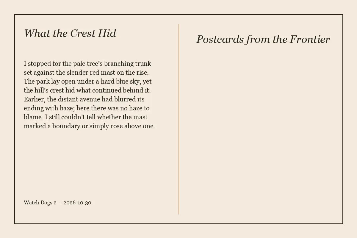 Back of the postcard titled What the Crest Hid