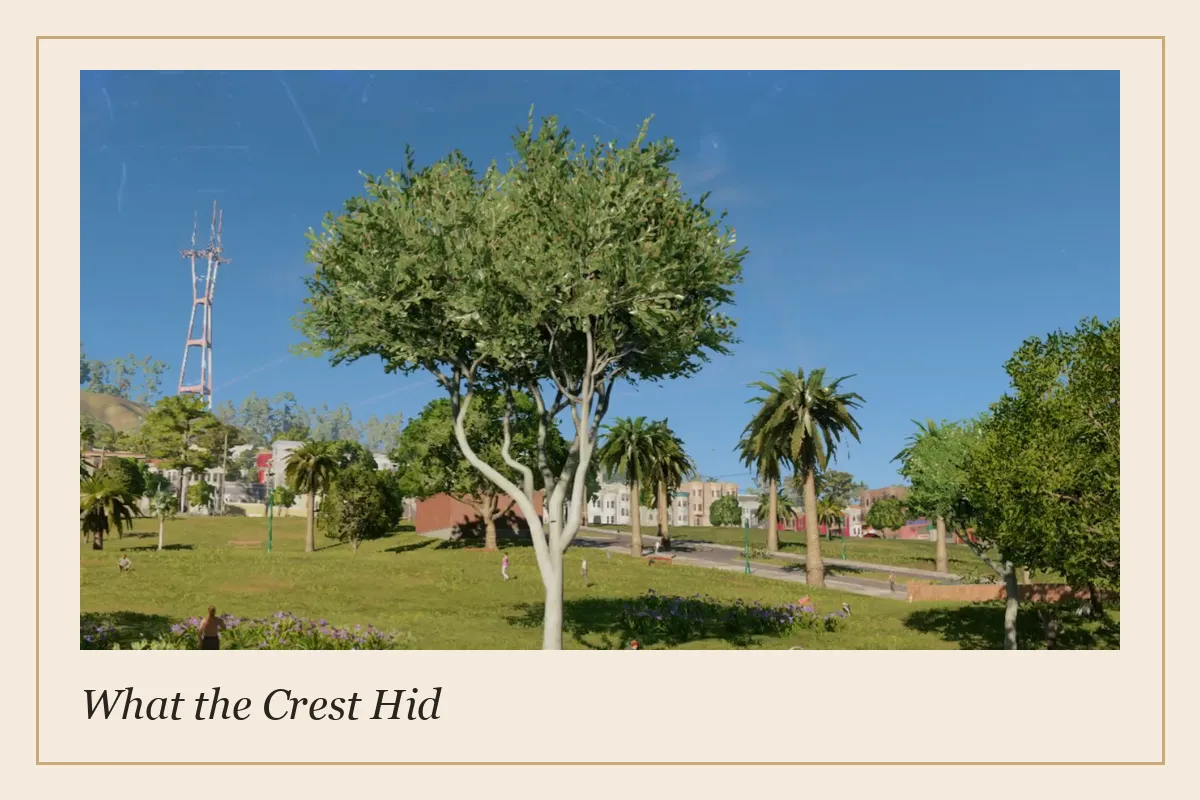 A pale branching tree stands in a grassy park before a hill, with a slender red mast rising above the trees and palms, paths, flowers, and low buildings nearby.